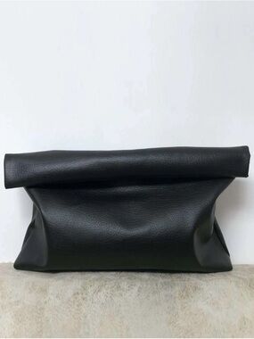 Black Leather Roll-Top Clutch Bag